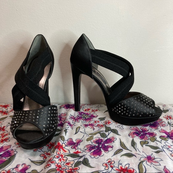 Nina Shoes - Nina New York Black Satin Rhinestone Platform Heels Thick Criss Cross Straps
